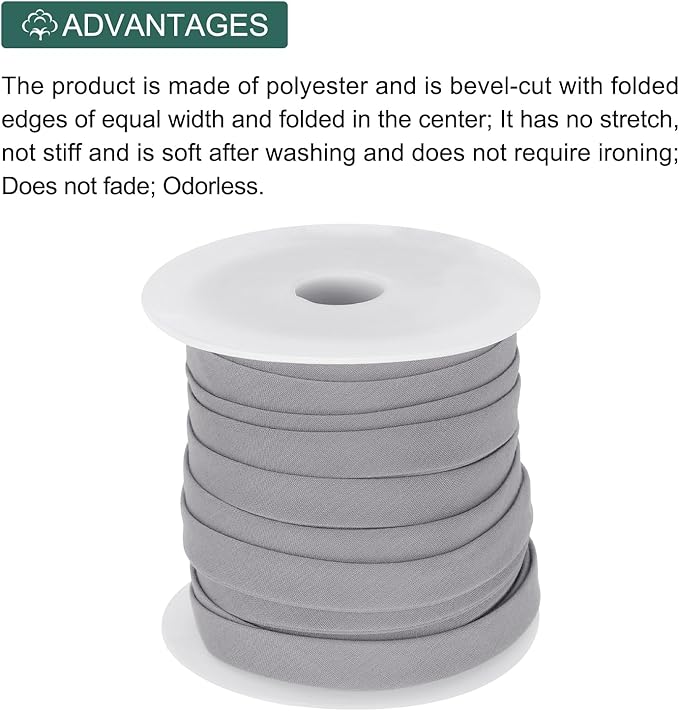 MECCANIXITY 1/2 Inch Double Fold Bias Tape Polyester Continuous Bulk Bias Tape for Sewing,Seaming Quilting Hemming Binding Crafts (Grey 25 Yards)