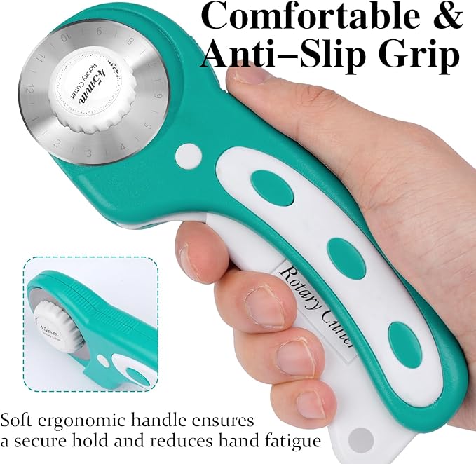 45mm Rotary Cutter for Fabric, Fabric Cutters with 5pcs Extra Rotary Blades, Roller Cutter Set for Sewing, Quilting, Leather & Craft Projects (Teal)