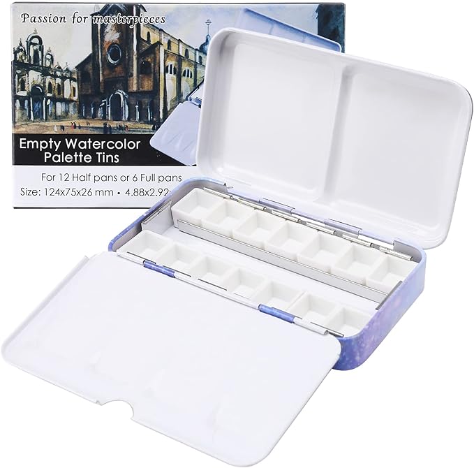 MYARTOOL Empty Watercolor Palette, Metal Watercolor Tins Box Palette Paint Case with 12 Empty Half Pans, Paint Tray Palette Suitable for Watercolor, Acrylic, Gouache, Oil Painting