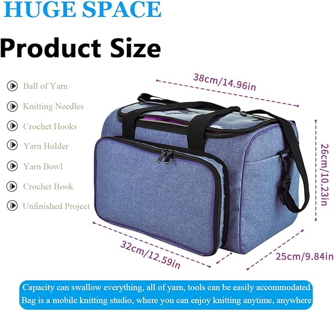 Weabetfu Large Crochet Bag Knitting Bags and Totes Organizer Huge Yarn Bag Storage for Crocheting Knitter,Crochet Hooks,Knitting Needles Kit,Supplies,Yarn - Ideal Crochet & Knitting Gift(Blue)