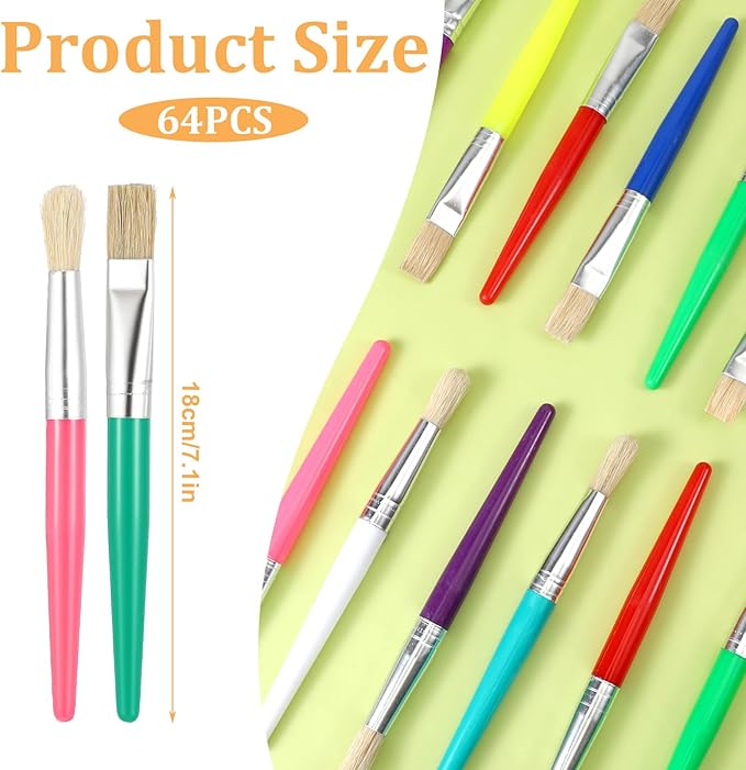 Paint Brushes Sets 64 Pcs Flat Paint Brushes Bulk Large Chubby Brush Easy Hold and Clean Art Supplies for Acrylic Oil Watercolor Washable Pain Classroom Must Haves - Colorful