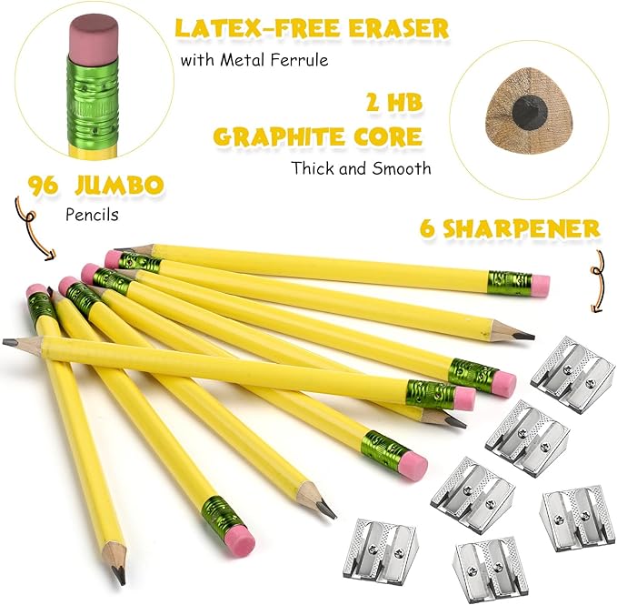 Fainne 102 Pcs Bulk Thick Jumbo Graphite Pencils Set 96 Fat Giant Large Pencils and 6 Sharpeners Enhanced Grip for Art Drafting Writing Drawing Office and Home Use(Yellow,Triangle)