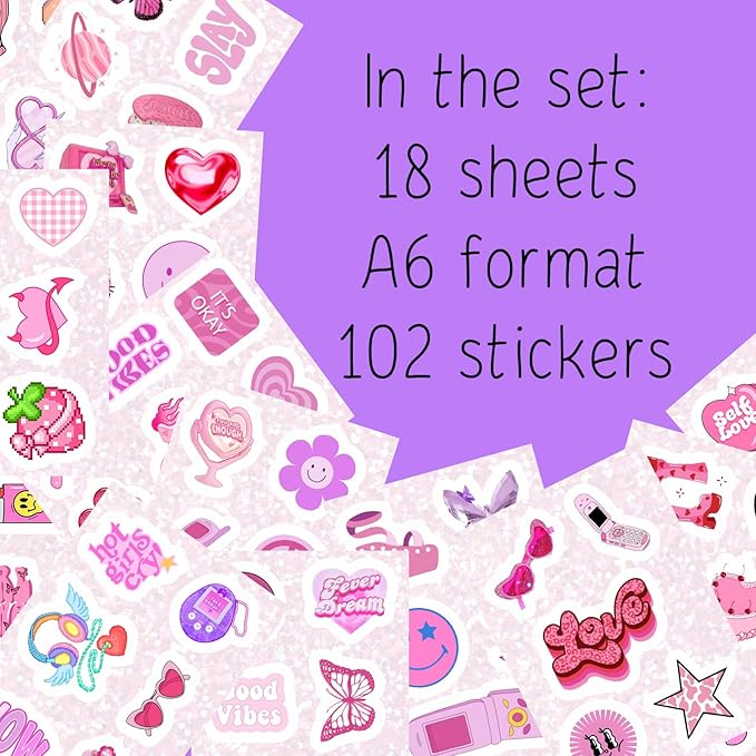BulbaCraft 100Pcs Y2K Stickers Pink for Water Bottle and Laptop - Y2K Party Supplies & Decorations, Waterproof Vinyl Decals, 2000s and Aesthetic Stickers, Gifts for Women & Men