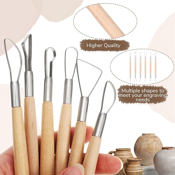 6 Pcs Clay Sculpting Tools, Wire Loop Sculpture Tools, Double Head Wooden Handle Clay Carving Tools Set, Clay Sculpting Tools for Beginner Level Pottery and Smoothing, Cleaning, Carving, Shaping