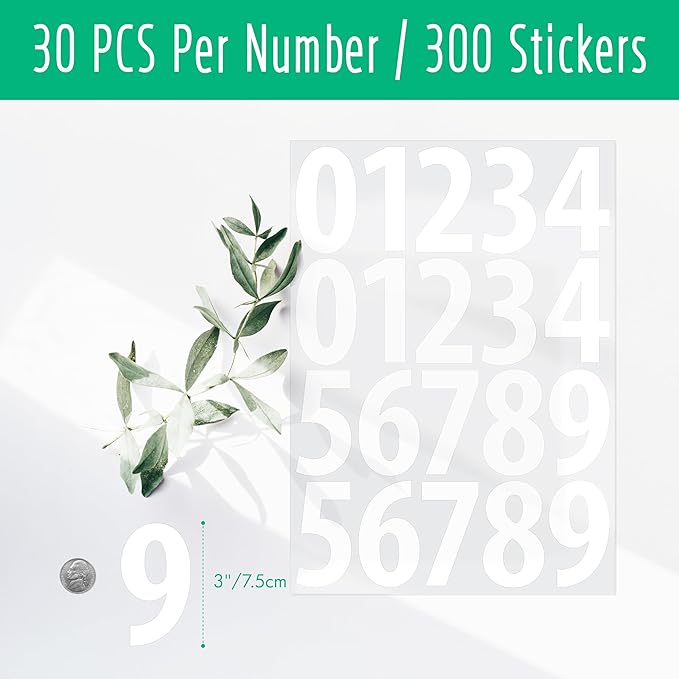 300 PCS Number Stickers, 3" Waterproof Vinyl Stickers Self-Adhesive Consecutive Number 0-9 Labels Without Residue Left for Office, Classroom, Indoor, Boxes, Storage (15 Sheets, White)