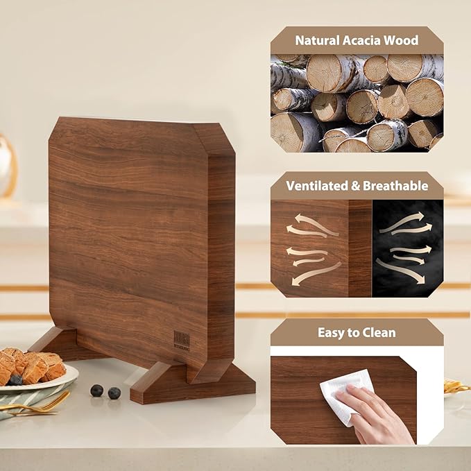 HOSHANHO Magnetic Knife Block, Thickened Acacia Wood Kitchen Knife Holder Stand with Strong Magnets, Multifunctional Double Side Knife Storage Organizer for Kitchen Counter