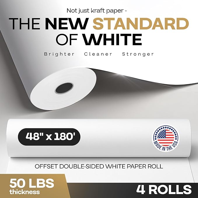 Extra White Offset Kraft Paper Roll 48" x 2160" (180 ft), 4-Pack – USA-Made 50lb Premium Eco Paper, Brighter-Than-Standard White – Ideal for Arts & Crafts, School Projects, Wrapping by IDL Packaging