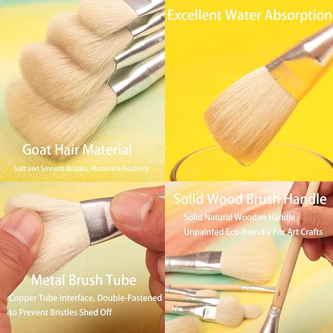 10 PCS Assorted Size Paint Brush Gilding Brush Gold Leaf Goat Hair Duster Flat Hake Brush Sweep Mops for Watercolor, Wash, Ceramic Pottery Painting, Metallic Foil Flakes Art Crafts Supplies