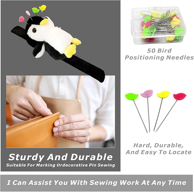 Lovely Penguin Wrist Pin Cushion Kit for Sewing with 50 Cute Bird Needles,Including Threader, Thimble ＆Tape Measure for Quilting DIY Projects.