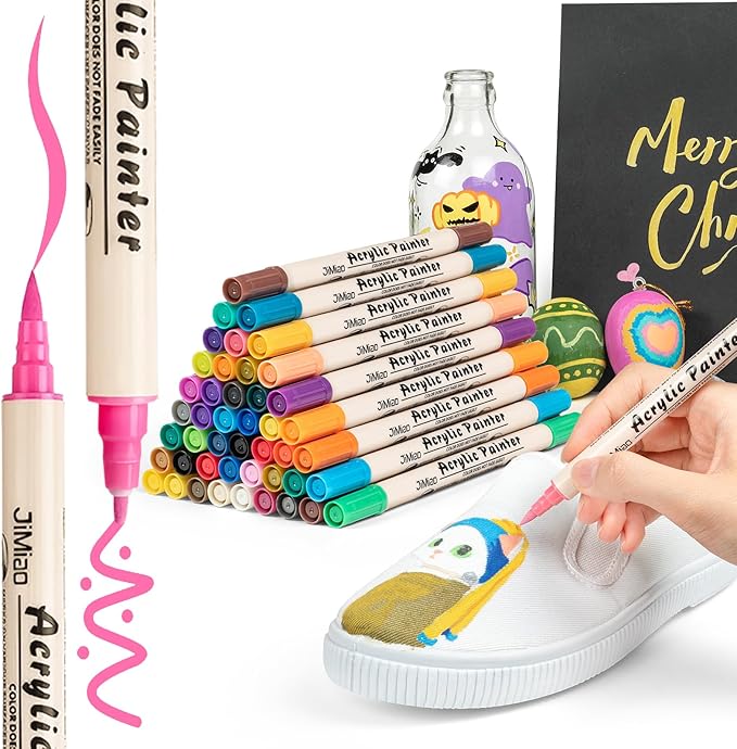 Woomer Dual Markers, No Bleeding Marker, Water-based & Waterproof after Dry, Acrylic Paint Pens for Fabric Rock DIY Crafts, 36 Colors, Brush & Fine Tip