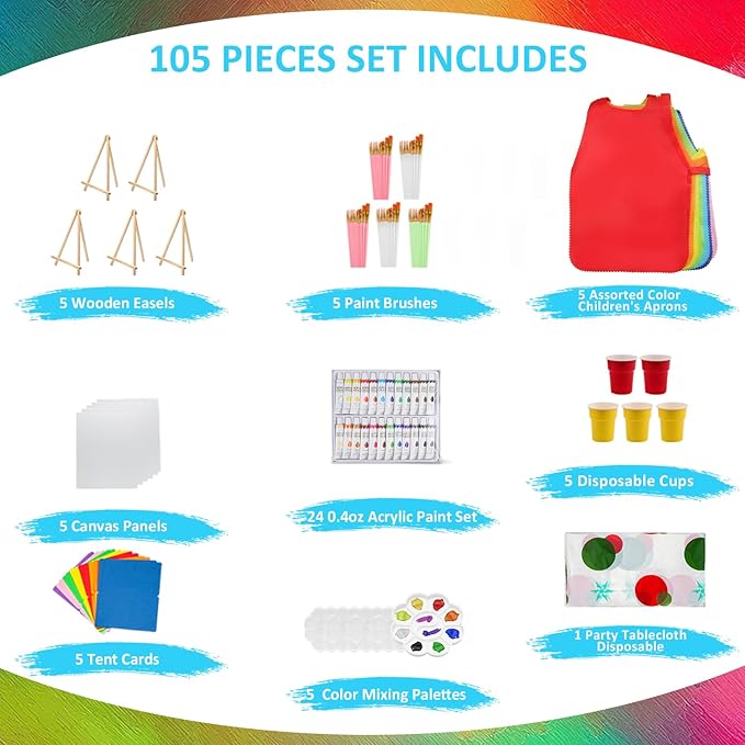 Rabbitale 105 Pcs Art Painting Kit Supplies Set for to Party - 50 Paint Brushes, 24 Acrylic Paints, 5 Wood Easels & Canvas Panels & Palettes & Aprons & Wash Pen Cup, 1 Plastic Tablecloth