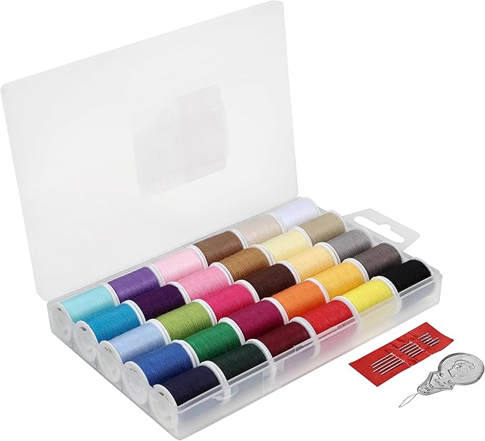 SINGER Polyester Sewing Thread Set - 30 Assorted Colors, 50 Yards per Mini Thread Spool, Sewing Kit Includes 5 Large Eye Hand Needles, 1 Needle Threader, Suitable for Hand and Machine Sewing