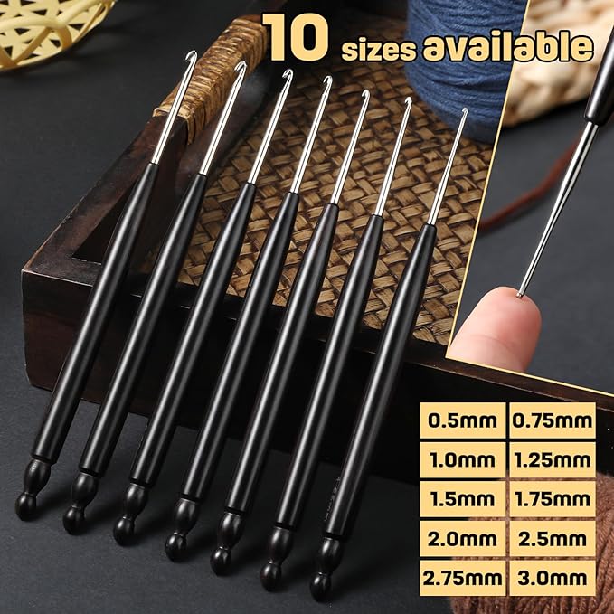 Hssugi Crochet Hooks, 4PCS 1.0mm, 1.25mm, 1.5mm, 1.75mm Small Crochet Hooks for Arthritic Hands, Long Comfortable Crochet Needles for Beginners DIY, Experienced Crochet Lovers