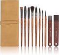 10 Pieces Paint Brush Set, Artist Series, Nylon Bristles with Round, Flat, Fan, Angle, Detail Brush, Suitable for Artists and Beginners for Acrylic Painting, Oil, Watercolor, Gouache(Brown)