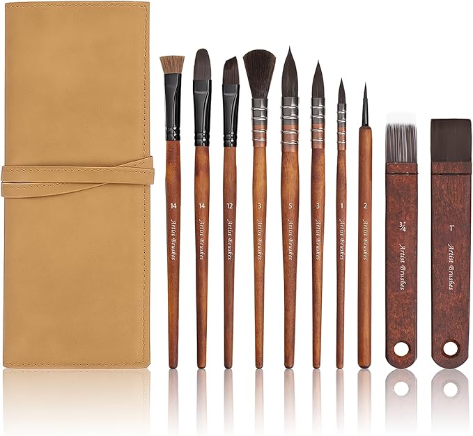 10 Pieces Paint Brush Set, Artist Series, Nylon Bristles with Round, Flat, Fan, Angle, Detail Brush, Suitable for Artists and Beginners for Acrylic Painting, Oil, Watercolor, Gouache(Brown)