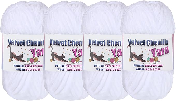 4 * 100g Fluffy Velvet Chenille Yarn for Crocheting and Knitting, Handcrafts Weaving Soft Chenille Yarn for Crocheting Clearance, Used for Making Baby Yarn Blanket, Clothes, DIY Craft (White)