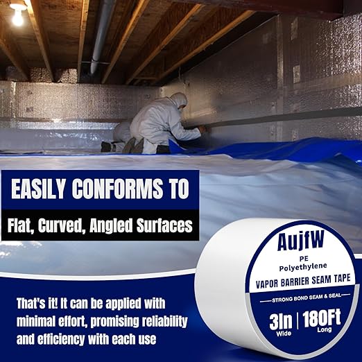 Vapor Barrier Tape, 3" Wide x 180' Long, 6 Roll, Polyethylene Tape, for Moisture Barriers and Crawl Spaces, Waterproof Seal and Seam Tape for Underlayment, Insulation and Plastic Liners