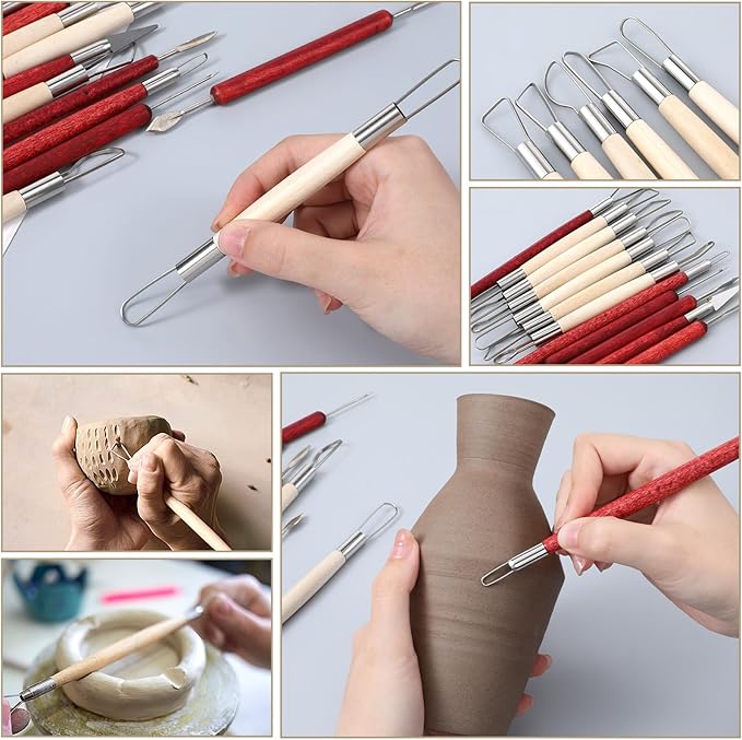 12Pcs Double-Ended Clay Sculpting Tools Stainless Steel Polymer Clay Tool Ceramic Pottery Ribbon Sculpting Tools Wooden Handle Pottery Tool for Embossing
