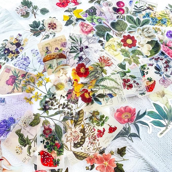 50-Piece Clear Vintage Cottagecore Aesthetic Floral & Plant Scrapbook Stickers - Waterproof Retro Botanical, Wildflower, Postcard Flower Decals for Journals, Art Crafts, Card Decoration