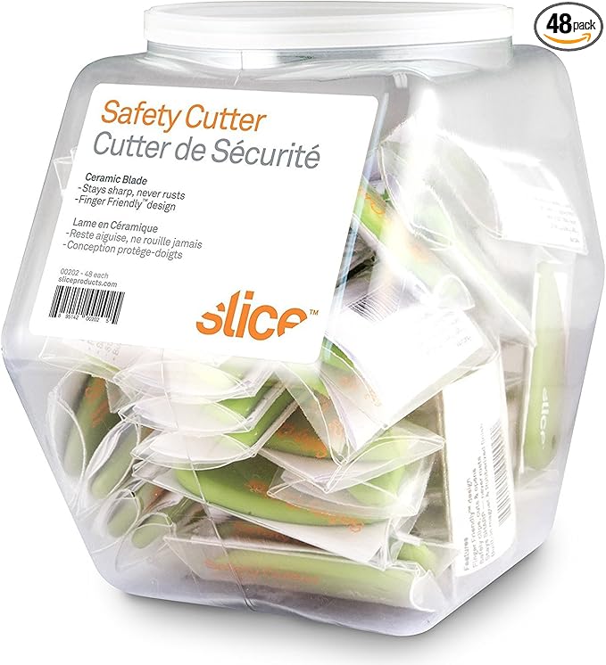 Slice Micro Safety Cutter | Safe Ceramic Box Cutter Lasting 11x Longer than Metal | Keychain Box Opener | 48 Pack | Green