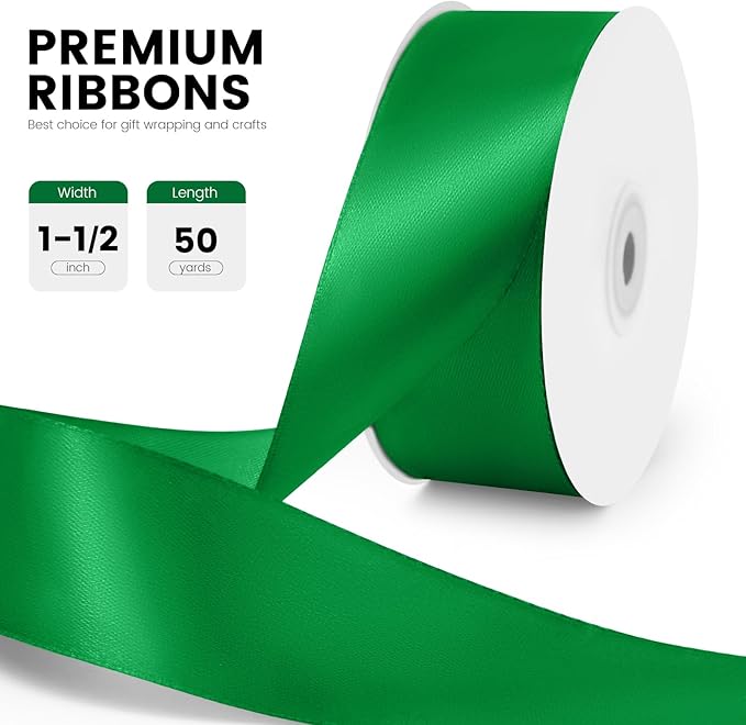 1-1/2" x 50 Yards Satin Ribbon - Green Silk Ribbon with Spool - Ideal for Gift Wrapping, Floral Bouquets, Crafts, Wedding Party Decorations, Christmas and Sewing Projects