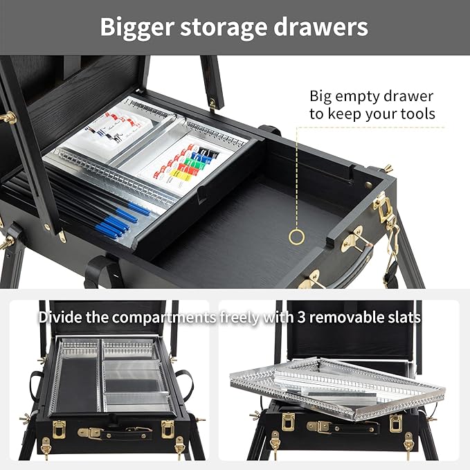 Falling in Art 4 Legs French Easel - Portable Plein Air Studio Easel Stand with Bigger Storage Drawer, Full Size Sketchbox Travel Easel for Painting, Drawing, Artwork Display