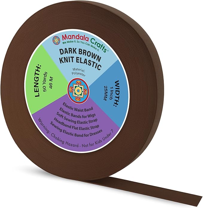 Mandala Crafts Wide 1 Inch Dark Brown Elastic Bands Spool for Pants Waistbands Sewing and DIY Crafts, 50 YD Stretchy Flat Fabric Strap Knit Elastic Band for Wig