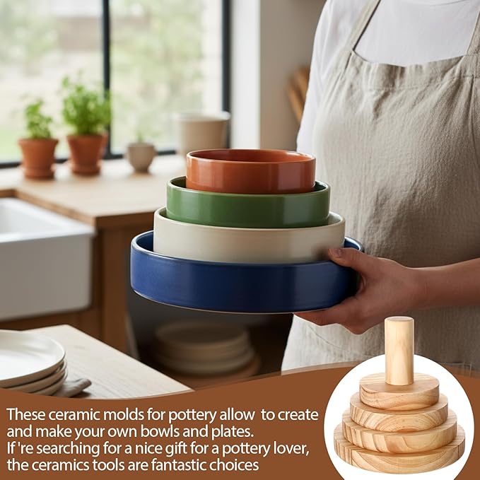 4 Pack Pottery Molds Plaster Molds Wood Pottery Tools with Handle for Ceramic Top Forms DIY Bowls Plate Dish Slump Press Art Making(Round,4.5'' 5.5'' 6.5'' 7.5'' Thickness 1'')