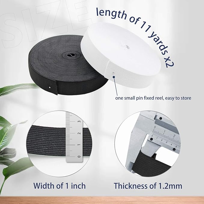 1 Inch Elastic Band for Sewing, Crafts, DIY, High Elasticity, (White 11Yards, Black 11 Yards)