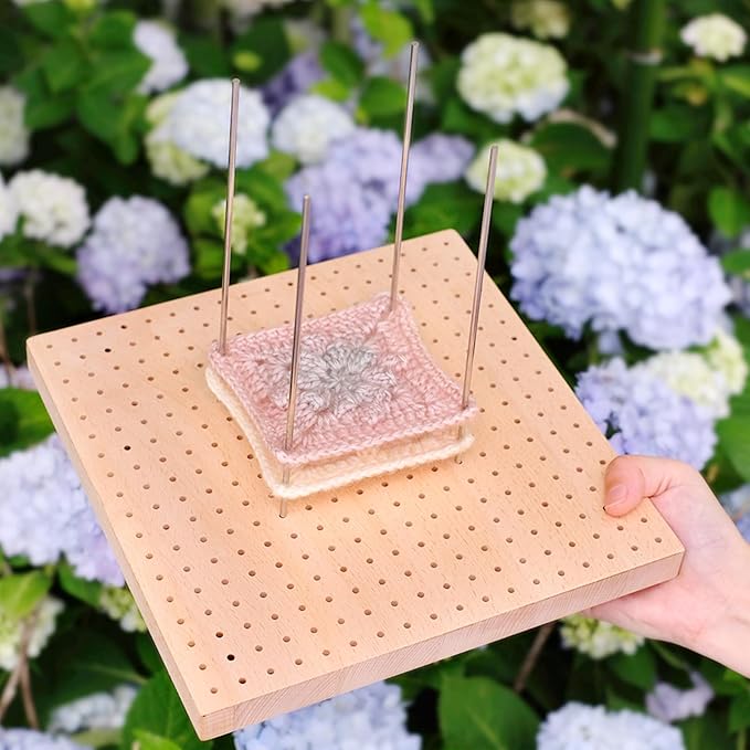 HAND U JOURNEY 12 Inch Large Size Premium Wooden Crochet Blocking Board - Complete Crochet Accessories Set with 12 Steel Pins - Ideal for Knitting, Granny Squares, and Projects