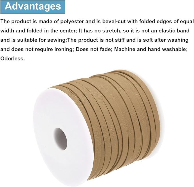 MECCANIXITY 1/4 Inch Double Fold Bias Tape Polyester Continuous Bulk Bias Tape for Sewing,Seaming Quilting Hemming Binding Crafts (Khaki 55 Yards)