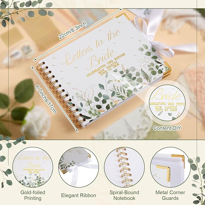Humyoun 8.5 x 7 Inch Wedding Guest Book Letters to The Bride Scrapbook Wedding Memory Book Bridal DIY Blank Paper Scrapbook Photo Album Guest Sign with Pearl Stickers (97 Pcs,Eucalyptus)