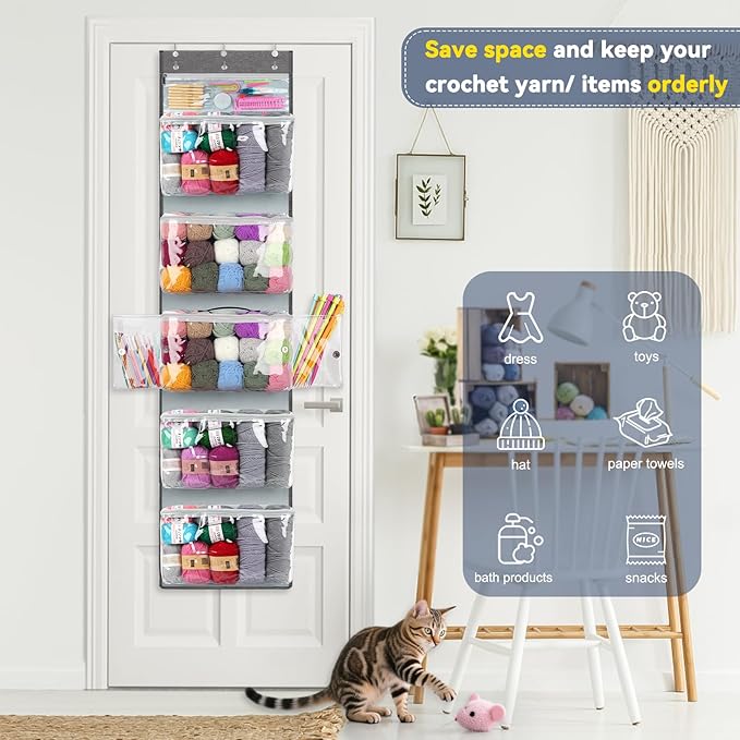 Katech Hanging Yarn Storage Organizer, Over The Door Storage w/Large Capacity Knitting Bag, Yarn Organizers with 6 Zipper Closure Compartments & Detachable Crochet Bag for Yarns Enthusiasts