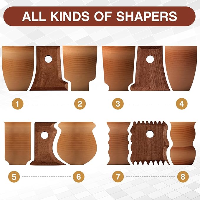 Amylove 7 Pcs Pottery Tools Pottery Foot Shaper Trimming Tools Profile Rib Bundle Foot Shaper for Ceramics for Carving Clay Molds Clay Texture Ribs Ceramics, Beech Wood (Reddish Brown)