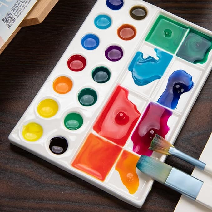 MEEDEN 22-Well Ceramic Watercolor Palette, Rectangle Porcelain Artist Paint Palette, 7.6'' × 5.5'' Ceramic Mixing Tray for Gouache, Watercolor, Acrylic Painting