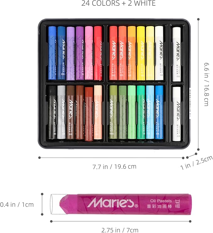 Marie's 24 Colors Oil Pastels with 2 Bonus White Pencils in Tin Box,Vibrant Colors for Smooth Blending & Layering, Oil Pastels for Artists, Students, Teachers & Beginners (10x70mm)