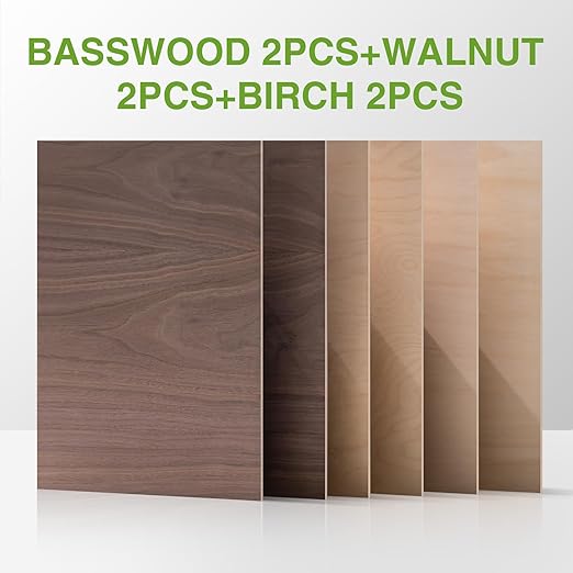 Rowood 6 Pack Plywood 1/8,2 Pack Walnut+2 Pack Basswood+Double Pack Birch,12x16.5x1/8inch,Thin 3mm Unfinished Plywood for Laser Cutting & Engraving,DIY Adult Craft Kits for Models Drawing,Wood Burning