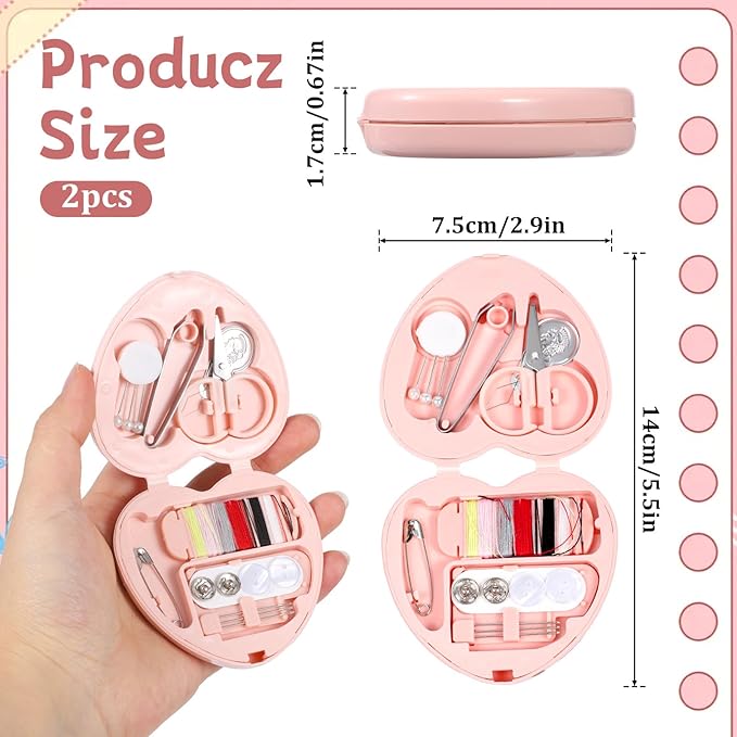 2 Pack Heart-shaped Mini Travel Sewing Kit, Folding DIY Sewing Set, Portable Pocket Sewing Supplies with Needles, Threads, Buttons, Scissors, Buttons for Women, Mom, Traveler, Adults, Beginner, Pink
