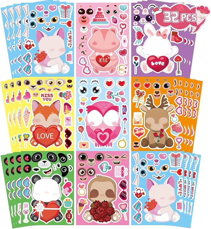 32 Sheets Valentine Stickers for Kids, Valentine' s Day Make a Face Stickers, Make Your Own Valentine Sticker for Boys Girls, Valentines Gifts Classroom Teacher Reward Valentine' s Day Party Supplies
