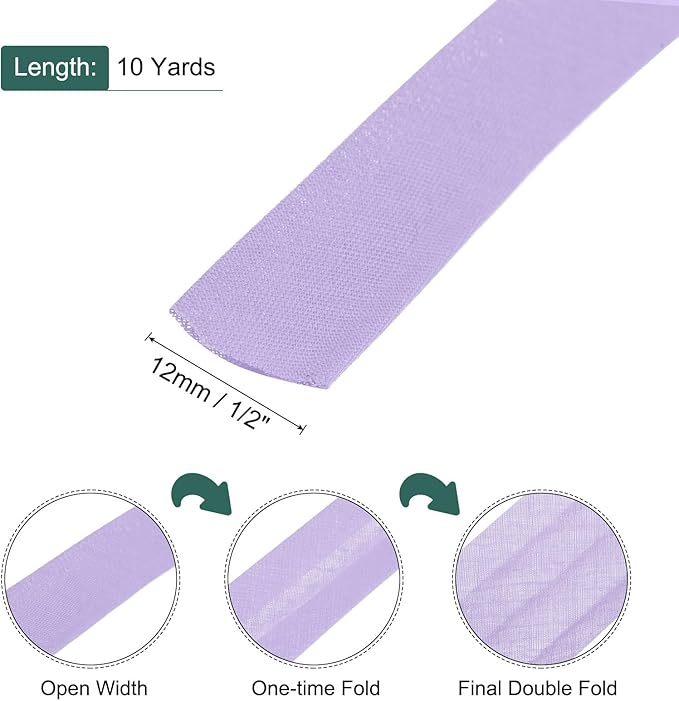 MECCANIXITY 1/2 Inch Double Fold Bias Tape Polyester Continuous Bulk Bias Tape for Sewing,Seaming Quilting Hemming Binding Crafts (Light Purple 10 Yards)