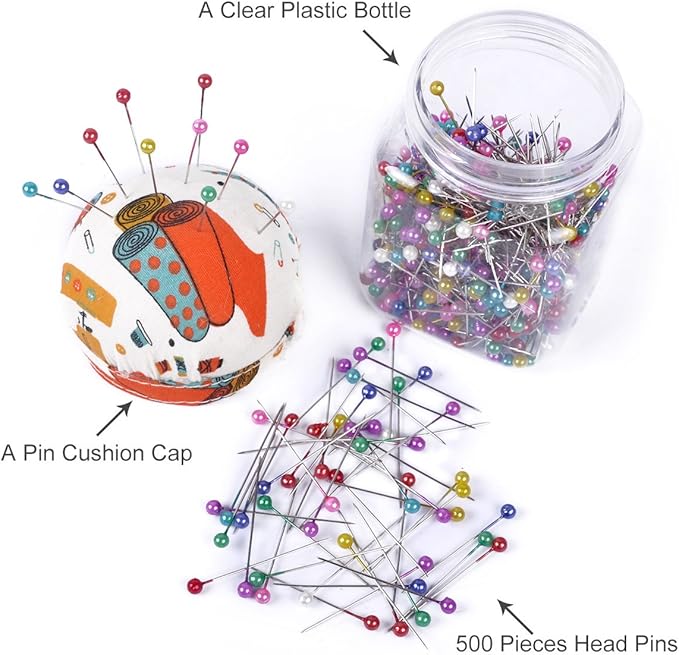 eZAKKA Sewing Needle Pins Cushion Holder with Plastic Bottle, 38mm 500 Pieces Pearl Needles Quilting Pin Cushion Kit (Orange)