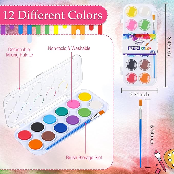 Nuanchu Christmas Gifts Bulk Watercolor Paint Washable Watercolor Paint Kits Palette and Brushes Portable Water Color Supplies for Adults, Beginners Artists Valentine Gift(6 Pack,12 Colors)