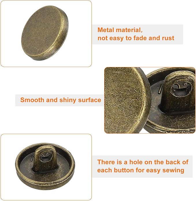 HARFINGTON 50pcs 18L Metal Round Flat Sewing Buttons 11.5mm Alloy Shank Craft Replacement Button for Men Women Suit Woolen Coat Shirt Trousers Sewing Crafts, Bronze