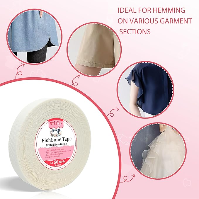 50 Yards Fishbone Rolled Hem Tape Ban Roll Tape for Sewing Narrow Hem Chiffon Fabric Rolled Hem Guide Edge Sewing Tool Fishbone Boning Lining Hemming Tape Sewing Accessories and Supplies