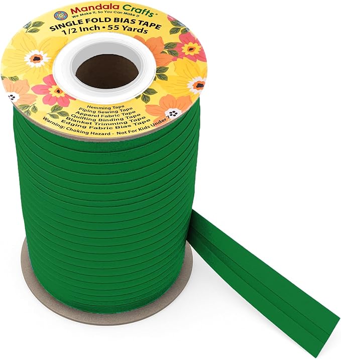 Mandala Crafts 1/2 Inch Single Fold Bias Tape for Sewing, Quilting, Piping, Hemming, Blanket & Quilt Binding – 55 Yards Green Fabric Seam Binding Tape