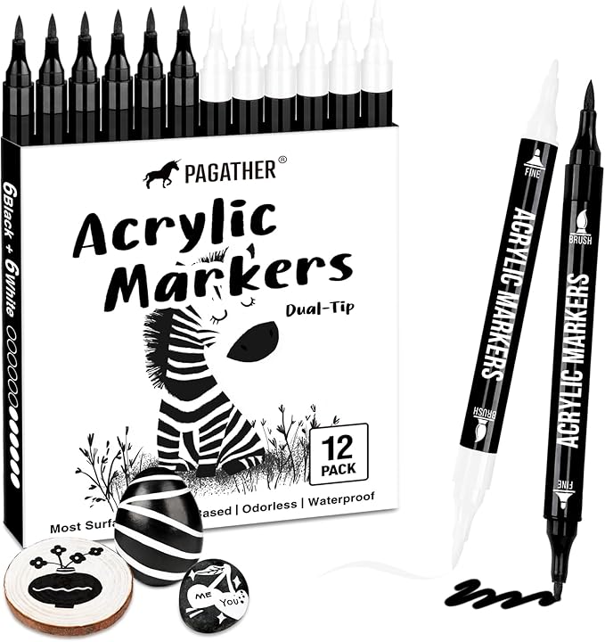 Black and White Acrylic Paint Markers, 12 Pack Dual Tip with Fine Tip and Brush Tip Pens for Stone, Wood, Calligraphy, Canvas, Ceramic, Metal, Glass, Rock Painting, DIY Crafts