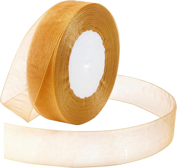 Gold Ribbon for Gift Wrapping 1 inch Sheer Organza Ribbon for Flower Bouquet Tulle Thin Chiffon Ribbons for Wedding Invitations Presents Decorations Crafts 50 Yards