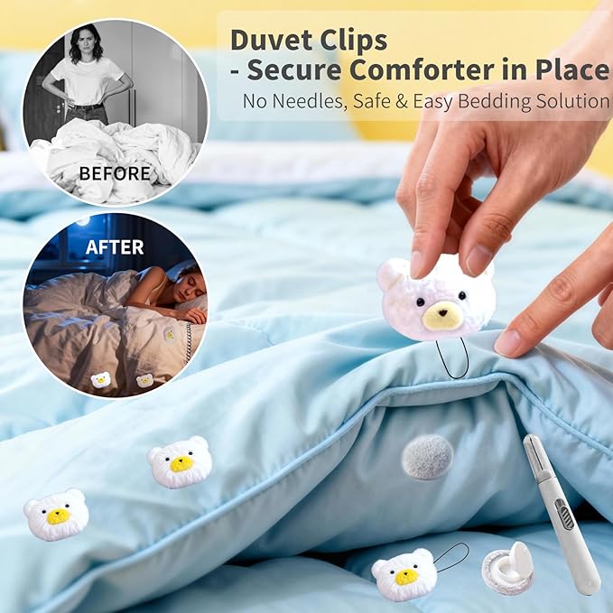 8 Pcs Duvet Clips with Pins Quilt Fixer,Non-Slip Duvet Cover Clips,Duvet Clips to Hold Comforter Inside,No Needles，Bear Pattern(Inc Hook Tool,Storage Box) (White)