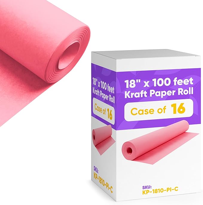 18" x 1200" (100 ft) Pink Kraft Paper (Case of 16 Rolls), 45 lbs Thickness, Made in USA Kraft Paper for School, Art Colored Paper, Gift Wrapping Paper, Packing Paper for Moving