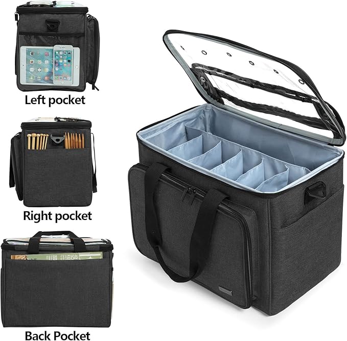 Teamoy Knitting Bag, Yarn Tote Organizer with Inner Divider (Sewn to Bottom) for Crochet Hooks, Knitting Needles(Up to 14”), Project and Supplies, Black -No Accessories Included